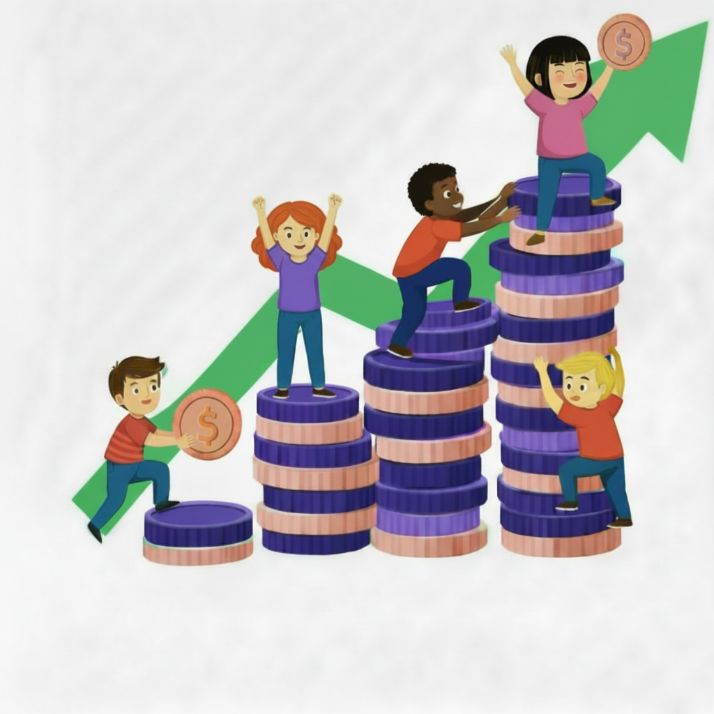 Stacking coins illustration — representing kids learning compound growth
